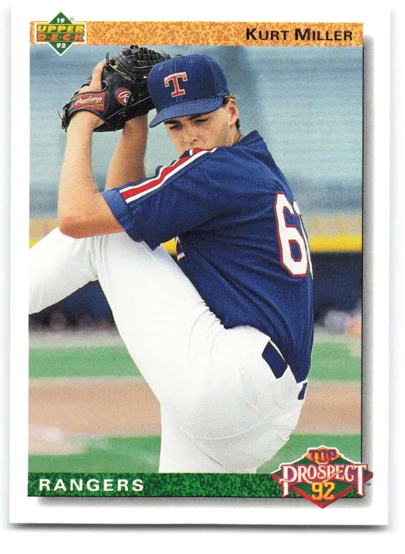 Baseball card of Kurt Miller, Texas Rangers pitcher in blue uniform, number 61