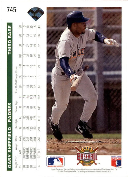 Baseball trading card of Gary Sheffield running in white San Diego Padres uniform