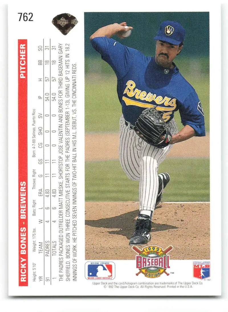 Milwaukee Brewers Ricky Bones pitching card from 1992 Upper Deck in blue jersey