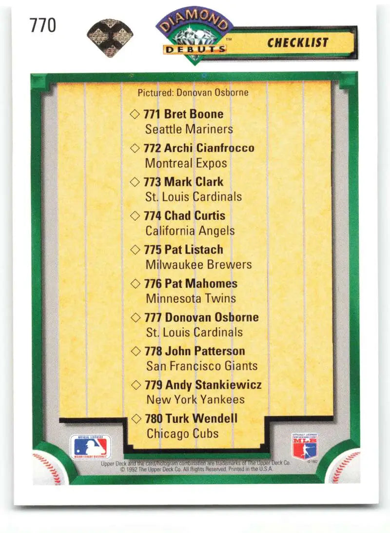 Baseball card checklist 770-780 featuring Donovan Osborne and St. Louis Cardinals players