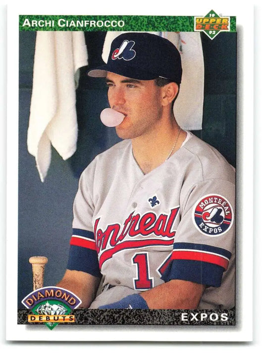 Baseball card of Mark Clark with Montreal Expos blowing a bubble gum bubble