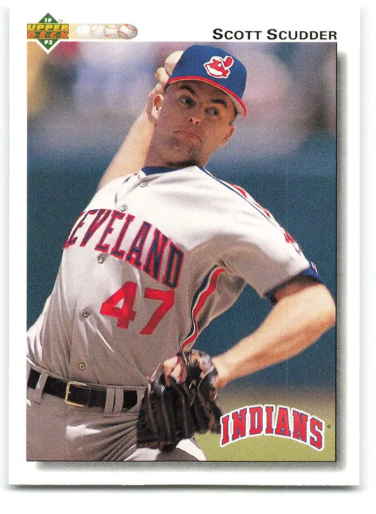 Cleveland Indians baseball card of Scott Scudder in white uniform with number 47