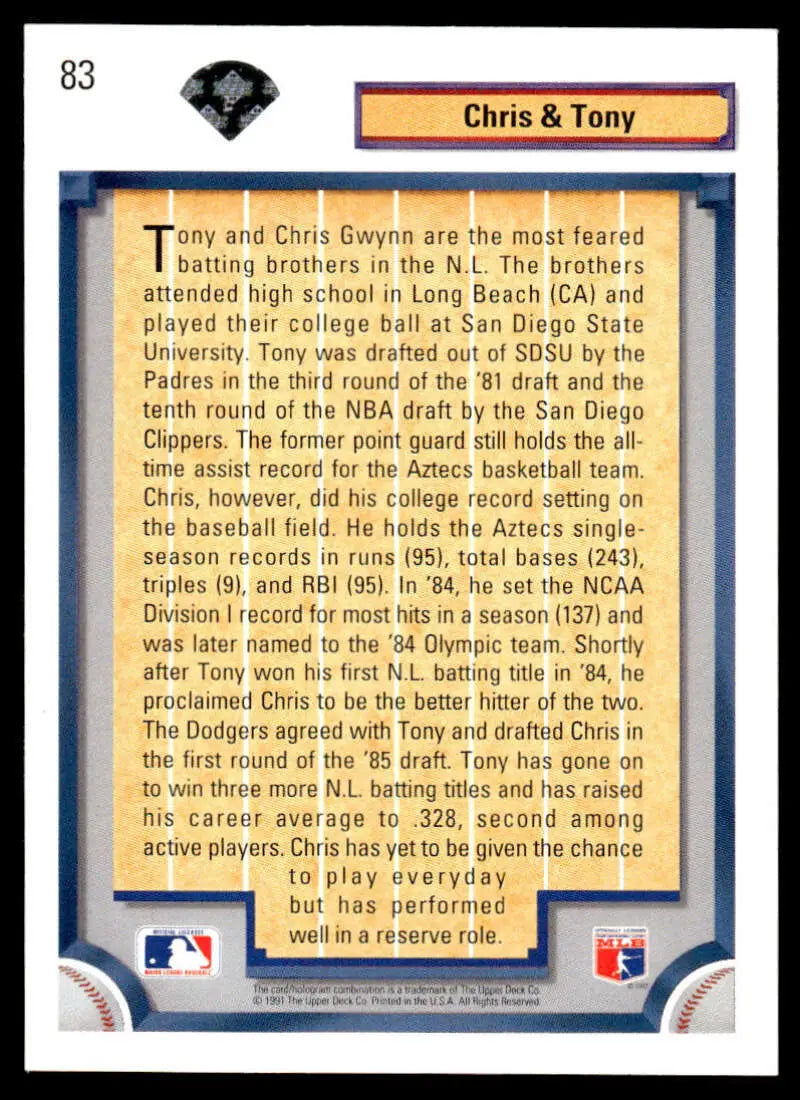 Baseball card highlighting biographical info about Tony Gwynn and Chris Gwynn