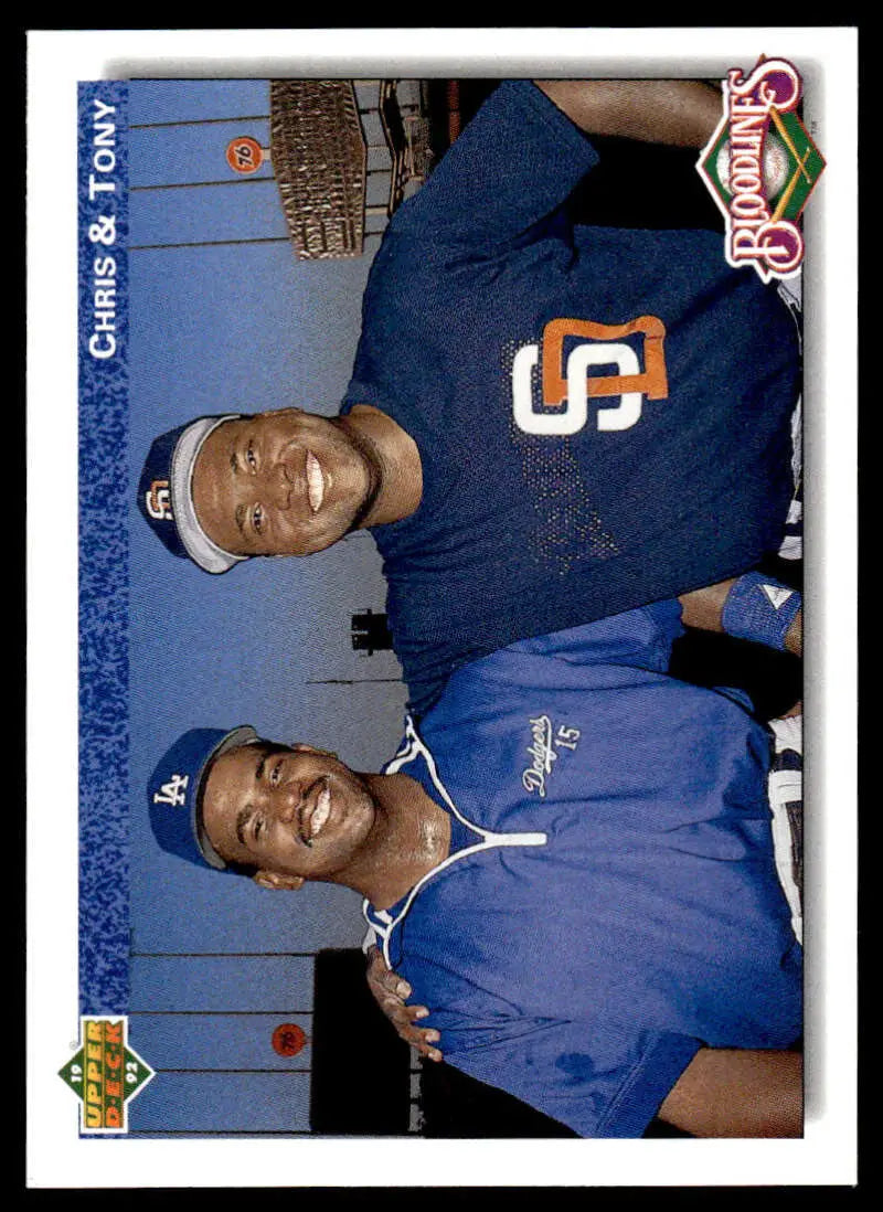 Baseball card of Chris Gwynn and Tony Gwynn in blue uniforms, Giants and Dodgers gear