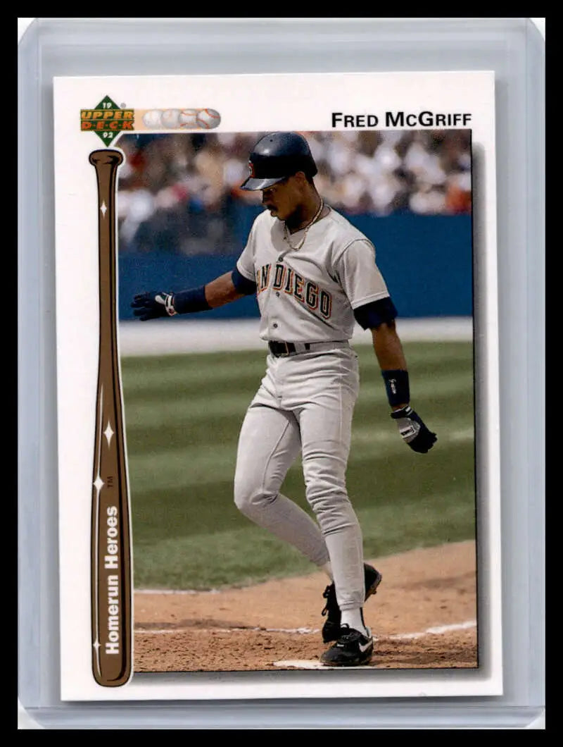 Fred McGriff batting in white uniform on 1992 Upper Deck card for San Diego Padres