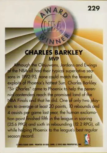 1993-94 Fleer #229 Charles Barkley basketball card with original gloss in NM-MT condition