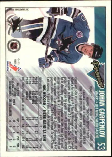 Hockey card back of 1993-94 OPC Premier #53 Johan Garpenlov with original gloss detail