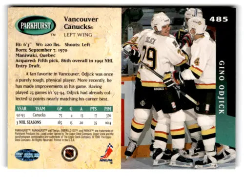 Hockey trading card featuring Gino Odjick 1993-94 Parkhurst original gloss Canucks