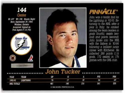 1993-94 Pinnacle #144 John Tucker hockey card in original gloss near mint condition