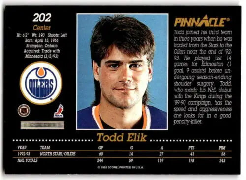 1993-94 Pinnacle Todd Elik NM hockey card featuring original gloss from the Oilers