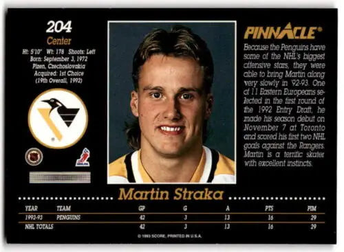 1993-94 Pinnacle Martin Straka hockey card in original gloss, Near Mint condition