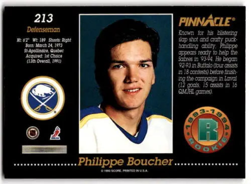 Philippe Boucher 1993-94 Pinnacle hockey card with original gloss, Sabres collectible