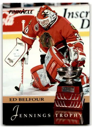 Hockey goalie Ed Belfour with trophy in 1993-94 Pinnacle Blackhawks card, original gloss