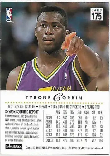 1993-94 SkyBox #175 Tyrone Corbin NM Near Mint Jazz original gloss basketball card