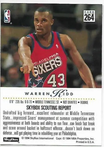 1993-94 SkyBox #264 Warren Kidd basketball card in original gloss, NM condition