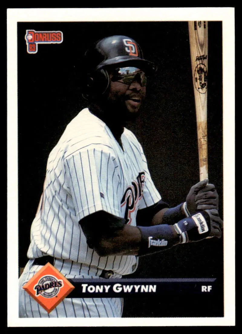 Baseball card featuring Tony Gwynn in San Diego Padres pinstriped uniform with bat