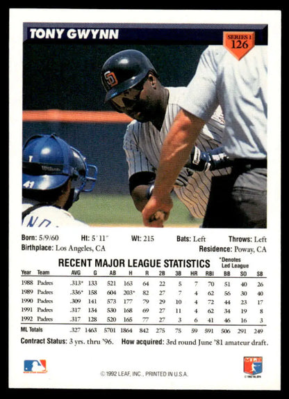 Tony Gwynn batting in pinstriped uniform on 1993 Donruss San Diego Padres card