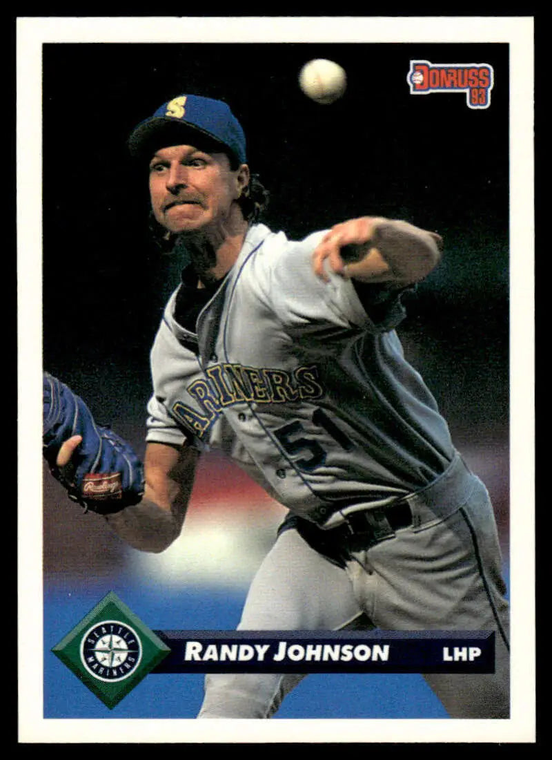 Randy Johnson pitching in Seattle Mariners uniform on 1993 Donruss baseball card