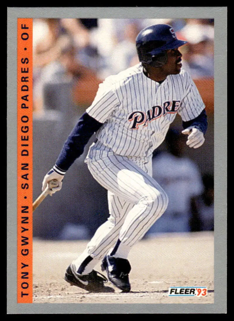 Baseball card featuring Tony Gwynn in pinstriped San Diego Padres uniform at bat