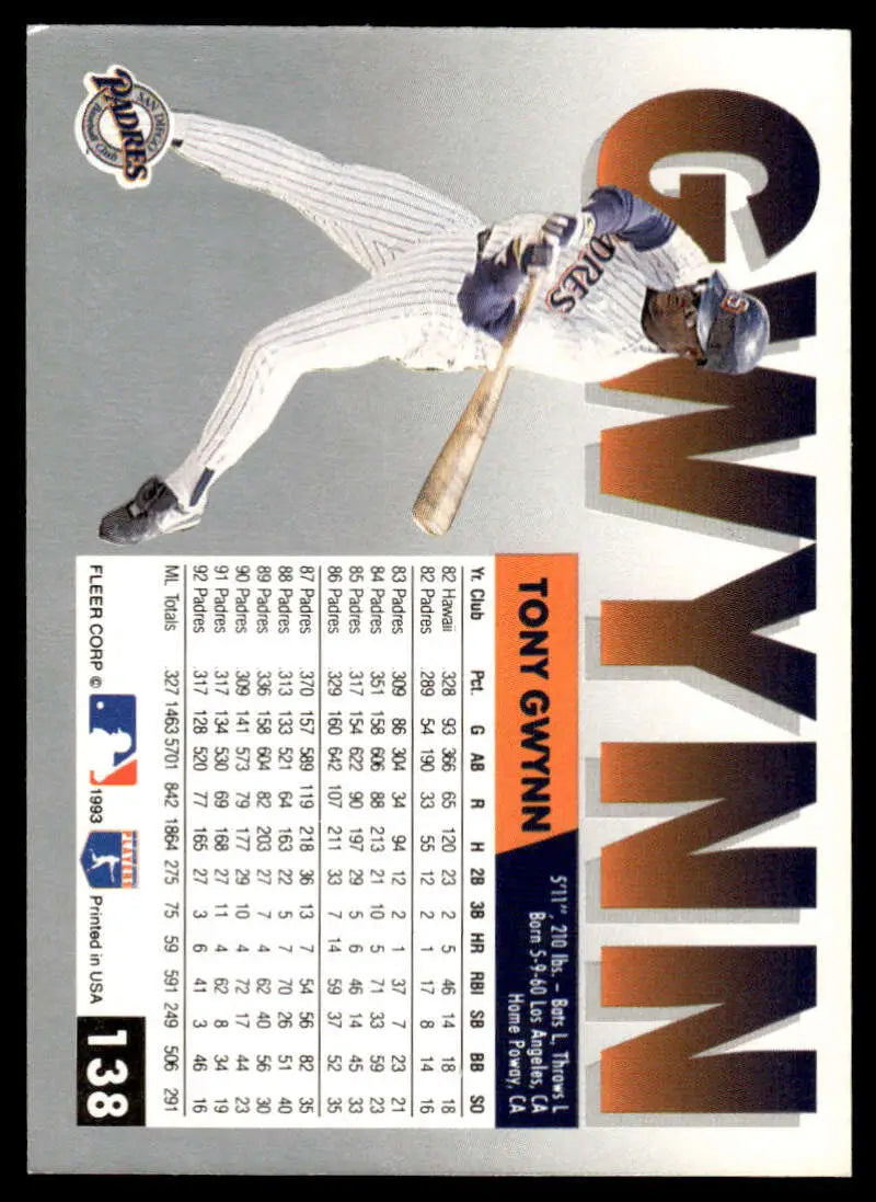 Tony Gwynn leaping catch in white uniform for San Diego Padres Baseball Card