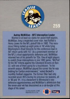 Football card back of 1993 Fleer Audray McMillian League Leaders Minnesota Vikings