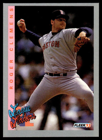 Roger Clemens mid-pitch in Boston Red Sox road uniform on 1993 Fleer #348 card