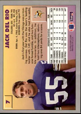 Jack Del Rio 1993 Fleer #7 Minnesota Vikings NFL Football Card in NM-MT condition