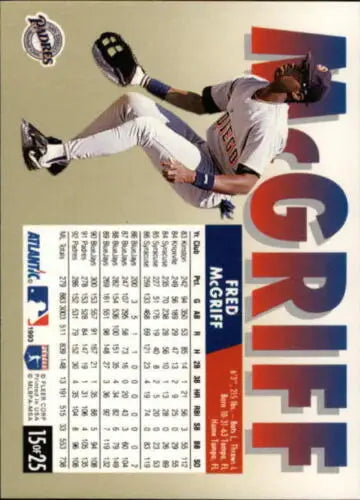 Baseball player in white uniform making leaping catch on 1993 Fleer Atlantic Fred McGriff card