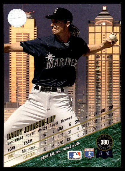 Randy Johnson in Seattle Mariners uniform throwing a pitch on baseball card