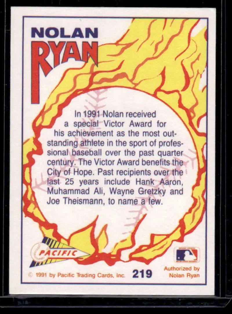 Baseball card back of Nolan Ryan receiving the Victor Award for Texas Rangers with flames