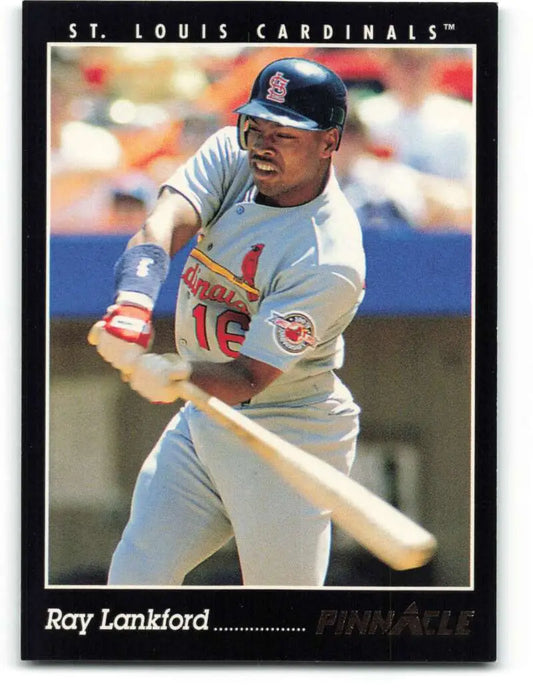 Ray Lankford at bat in white uniform on 1993 Pinnacle St. Louis Cardinals baseball card