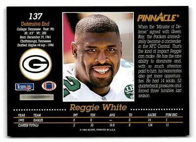 Reggie White trading card from the 1993 Pinnacle series, #137 collectible