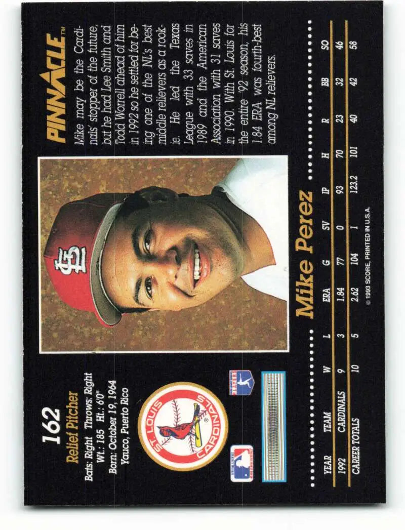 Baseball card of Mike Perez smiling as a St. Louis Cardinals player in 1993 Pinnacle design