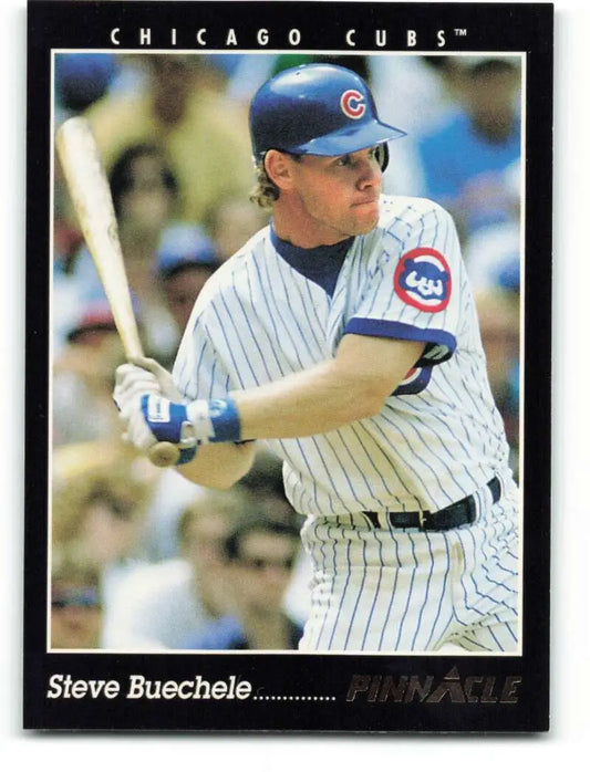 Chicago Cubs Baseball Card of Steve Buechele in white pinstriped uniform at bat