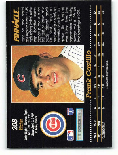 Frank Castillo Chicago Cubs baseball card in pinstriped uniform and cap