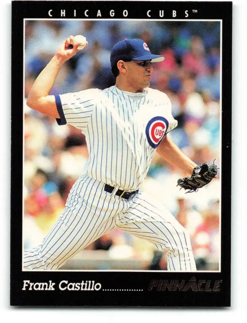 Frank Castillo in pinstripe uniform mid-pitch on 1993 Chicago Cubs baseball card