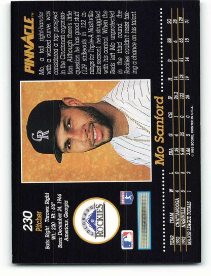 1993 Pinnacle #230 Mo Sanford Colorado Rockies Baseball Card in pinstriped uniform