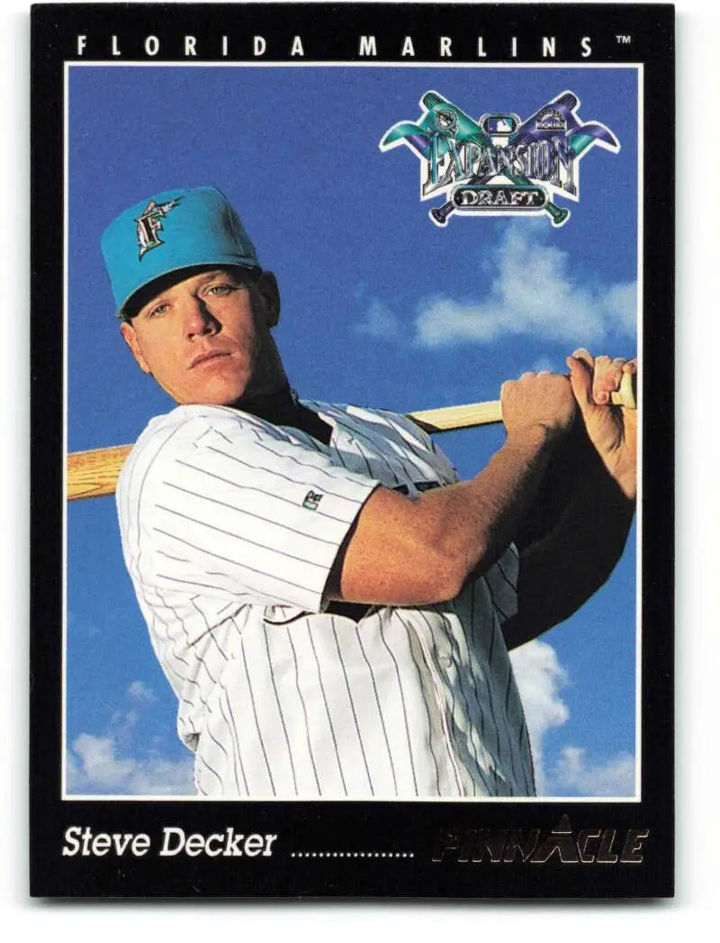 Florida Marlins Baseball Card featuring Steve Decker in pinstriped uniform and blue sky