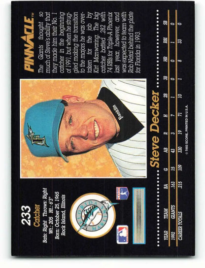 Steve Decker Florida Marlins baseball card in blue cap from 1993 Pinnacle collection