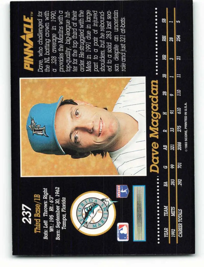 1993 Pinnacle #237 Dave Magadan Baseball Card of Florida Marlins in white uniform