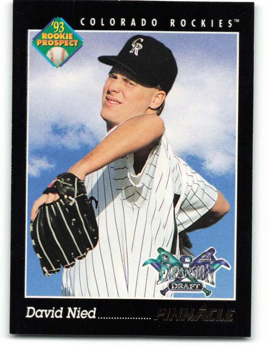 Baseball card of David Nied in pinstriped uniform for Colorado Rockies against blue sky