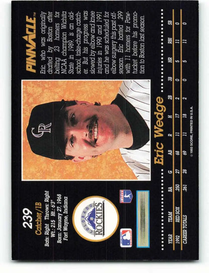 1993 Pinnacle Eric Wedge Colorado Rockies Baseball Card in black cap and white uniform