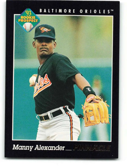 Manny Alexander Baltimore Orioles baseball card in black uniform with yellow glove