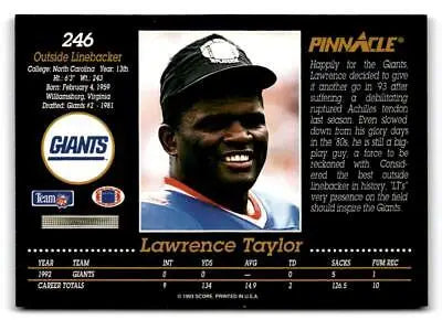 1993 Pinnacle #246 Lawrence Taylor trading card featuring the iconic football player