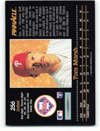 Baseball card of Tom Marsh in red cap and white uniform for Philadelphia Phillies