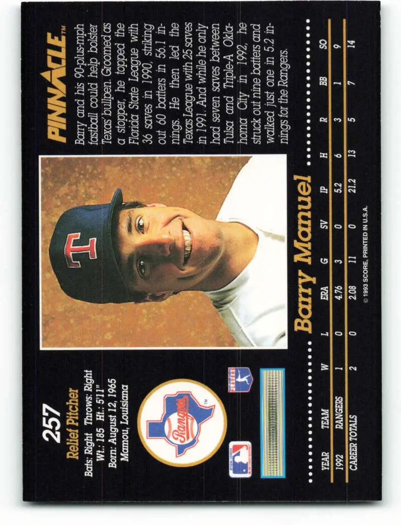 Barry Manuel Texas Rangers baseball card from the 1993 Pinnacle collection