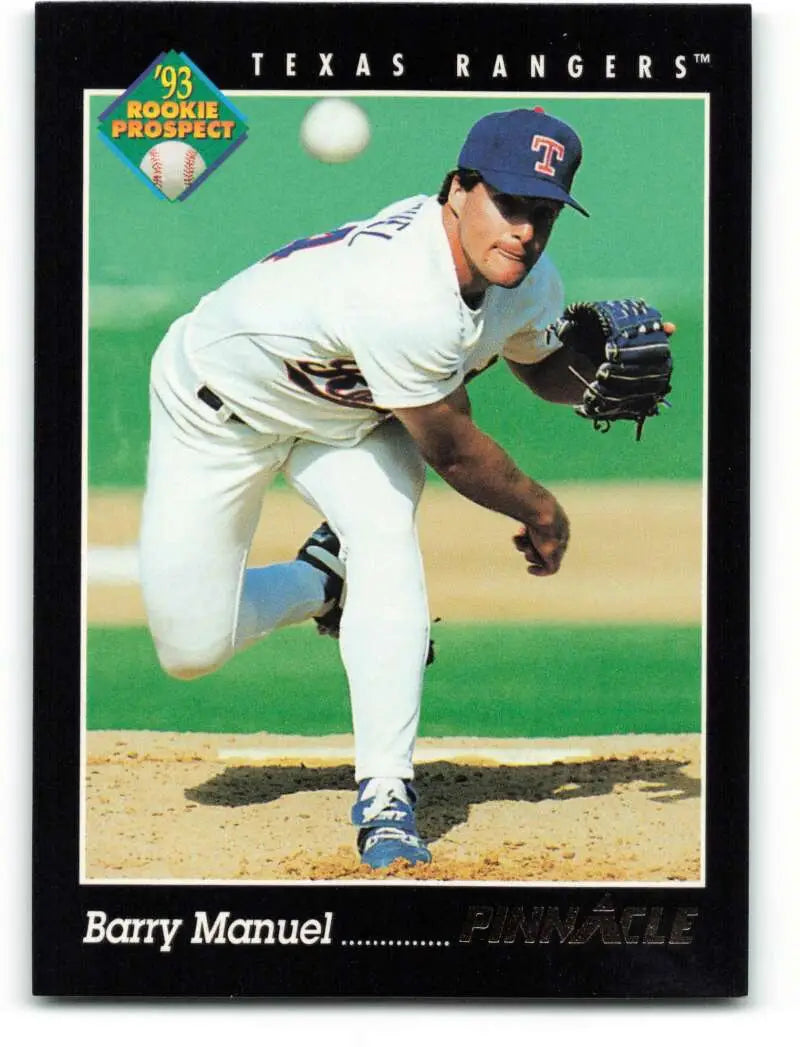 Baseball card of Barry Manuel pitching for the Texas Rangers showcasing mid-delivery motion