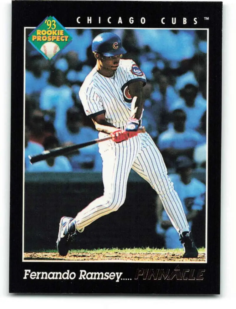 1993 Pinnacle Baseball Card of Chicago Cubs Rookie Fernando Ramsey at bat in pinstripes