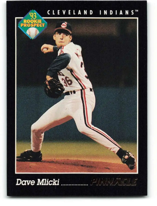 Baseball card of Dave Mlicki, Cleveland Indians pitcher in mid-delivery motion