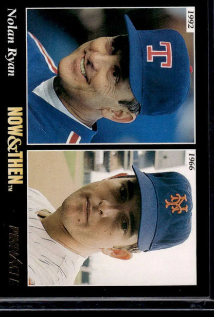 Baseball card of Nolan Ryan featuring headshots in Texas Rangers and New York Mets caps